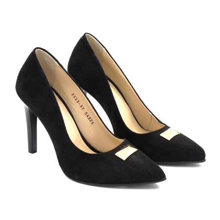 Pantofi dama din piele naturala intoarsa neagra cu varf ascutit stiletto si toc inalt subtire de 9 cm 54325-25 [1]