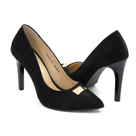 Pantofi dama - Pantofi dama din piele naturala intoarsa neagra cu varf ascutit stiletto si toc inalt subtire de 9 cm 54325-25