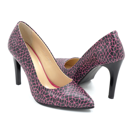 Pantofi dama din piele naturala neagra cu insertii fucsia cu varf ascutit stiletto si toc inalt subtire de 9 cm 9557-1-26 [3]
