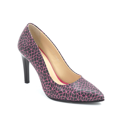Pantofi dama din piele naturala neagra cu insertii fucsia cu varf ascutit stiletto si toc inalt subtire de 9 cm 9557-1-26 [2]