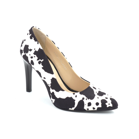 Pantofi dama din piele naturala neagra cu pete albe cu varf ascutit stiletto si toc inalt subtire de 9 cm 9557-26 [1]