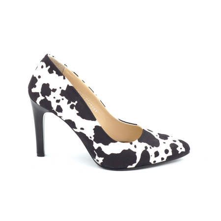 Lichidare stocuri - Pantofi dama din piele naturala neagra cu pete albe cu varf ascutit stiletto si toc inalt subtire de 9 cm 9557-26
