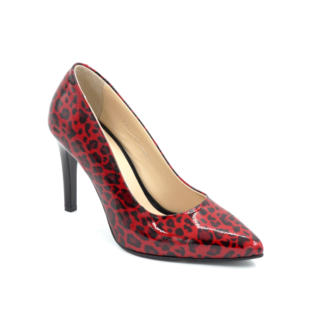 Pantofi dama din piele naturala lacuita rosie cu imprimeu leopard cu varf ascutit stiletto si toc inalt subtire de 9 cm 9557-3-26 [1]
