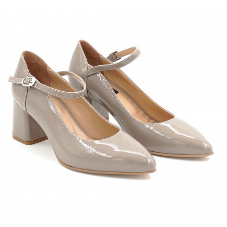 Pantofi dama din piele naturala lacuita grej cu varf ascutit stiletto si toc mic gros imbracat de 6 cm 50820-3-25 [2]