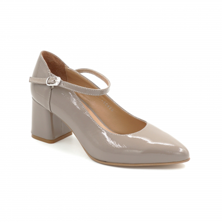 Pantofi dama din piele naturala lacuita grej cu varf ascutit stiletto si toc mic gros imbracat de 6 cm 50820-3-25 [1]
