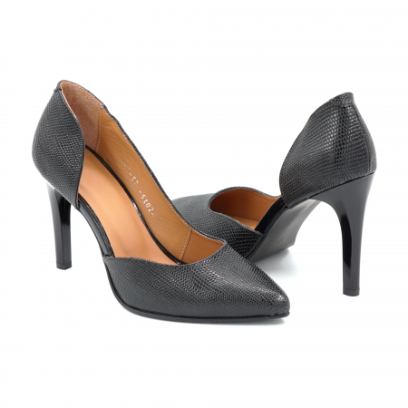 Pantofi elegant & office dama - Pantofi dama decupati din piele naturala neagra cu imprimeu cu varf ascutit stiletto si toc inalt subtire de 9 cm 53925-25
