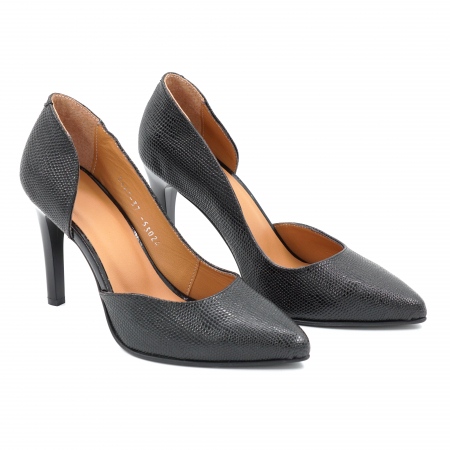 Pantofi dama decupati din piele naturala neagra cu imprimeu cu varf ascutit stiletto si toc inalt subtire de 9 cm 53925-25 [3]