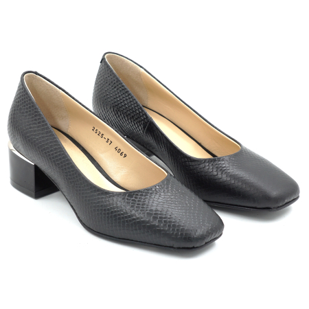 Pantofi dama din piele naturala neagra cu imprimeu sarpe cu varf patrat si toc mic gros de 4 cm 4069-1-25 [2]