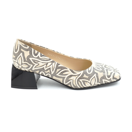 Lichidare stocuri - Pantofi dama din piele naturala nude bej cu imprimeu cu varf patrat si toc mic gros de 4 cm 4069-26