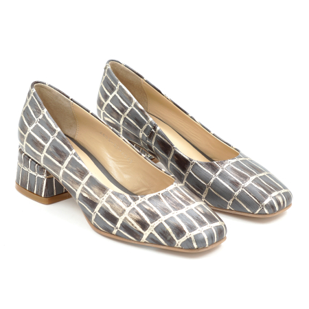 Pantofi dama din piele naturala cu imprimeu cu varf patrat si toc mic gros imbracat de 4 cm 4069-1-26 [2]