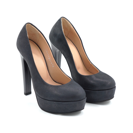 Pantofi dama din piele naturala neagra usor sidefata, cu varf rotund, platforma de 3 cm si toc inalt gros de 13 cm 476-24 [2]