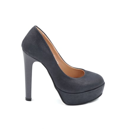 Pantofi dama - Pantofi dama din piele naturala neagra usor sidefata, cu varf rotund, platforma de 3 cm si toc inalt gros de 13 cm 476-24