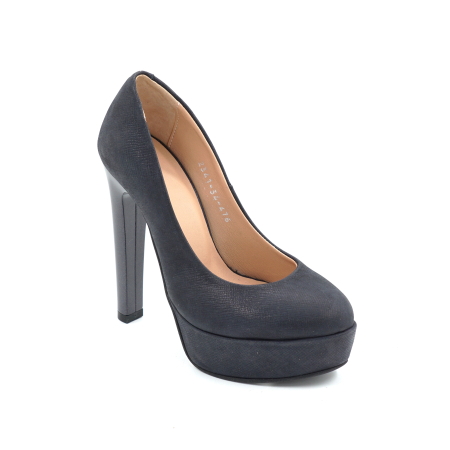 Pantofi dama din piele naturala neagra usor sidefata, cu varf rotund, platforma de 3 cm si toc inalt gros de 13 cm 476-24 [1]