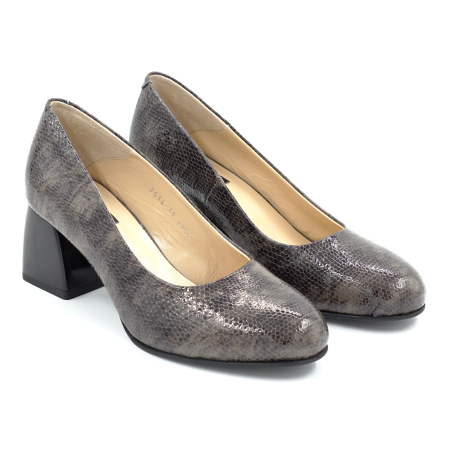 Pantofi dama din piele naturala croco gri cu negru, cu varf rotund si toc mic gros de 6 cm 6055-25 [2]