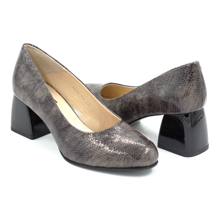 Pantofi dama din piele naturala croco gri cu negru, cu varf rotund si toc mic gros de 6 cm 6055-25 [3]