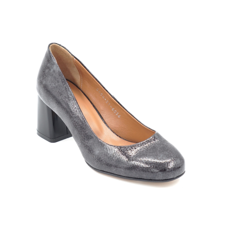 Pantofi dama din piele naturala lacuita croco gri cu varf rotund si toc mic gros de 6 cm 6056-1-24 [1]