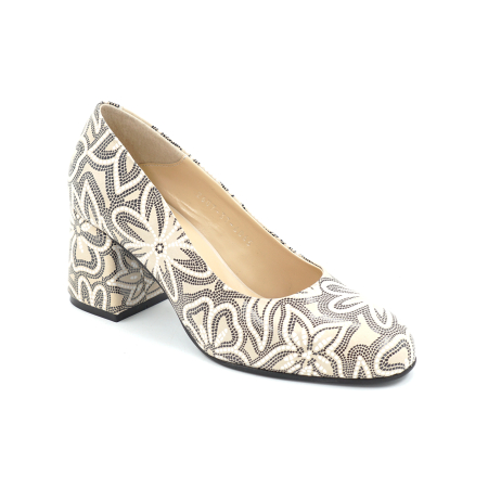 Pantofi dama din piele naturala nude bej cu imprimeu negru cu varf rotund si toc mic gros imbracat de 6 cm 6065-1-26 [1]