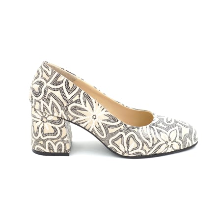 Dama - Pantofi dama din piele naturala nude bej cu imprimeu negru cu varf rotund si toc mic gros imbracat de 6 cm 6065-1-26