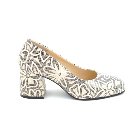 Pantofi dama - Pantofi dama din piele naturala nude bej cu imprimeu negru cu varf rotund si toc mic gros imbracat de 6 cm 6065-1-26