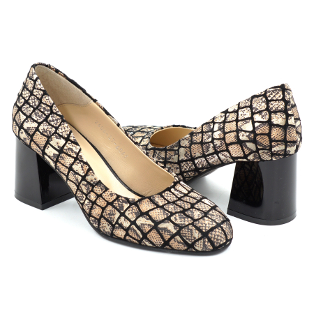 Pantofi dama din piele naturala neagra cu imprimeu leopard cu varf rotund si toc mic gros  de 6 cm 6065-26 [3]