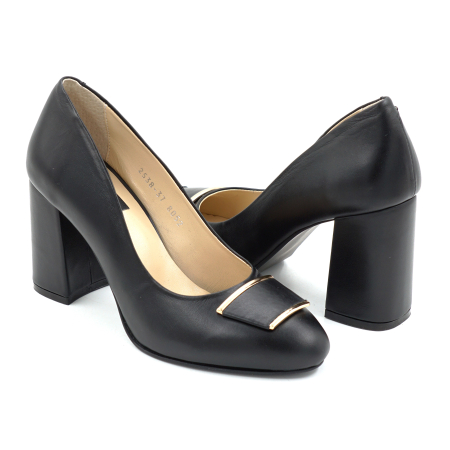 Pantofi dama - Pantofi dama din piele naturala neagra cu varf rotund si toc mediu gros imbracat de 8 cm 51024-2-25