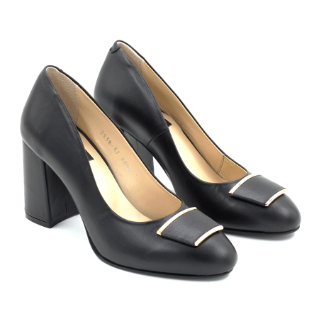 Pantofi dama din piele naturala neagra cu varf rotund si toc mediu gros imbracat de 8 cm 51024-2-25 [5]