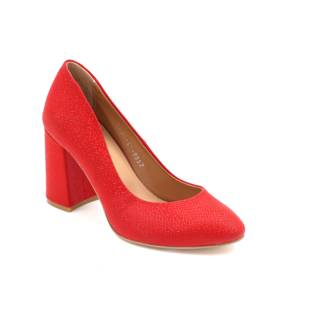 Pantofi dama din piele naturala rosie cu imprimeu, cu varf rotund si toc mediu gros imbracat de 8 cm 8052-3-24 [1]