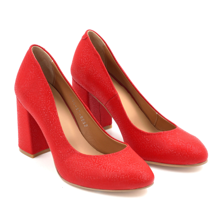 Pantofi dama din piele naturala rosie cu imprimeu, cu varf rotund si toc mediu gros imbracat de 8 cm 8052-3-24 [2]