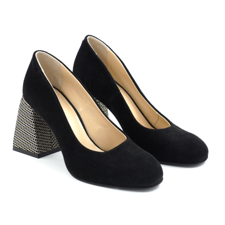 Pantofi dama din piele naturala intoarsa neagra cu varf rotund si toc mediu gros imbracat de 8 cm 8065-26 [2]