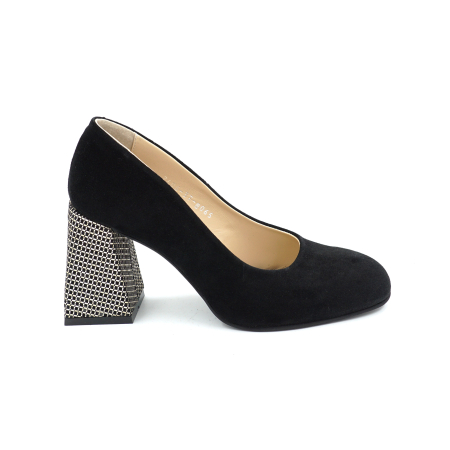 Pantofi dama din piele naturala intoarsa neagra cu varf rotund si toc mediu gros imbracat de 8 cm 8065-26 [5]