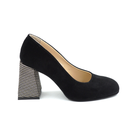 Pantofi dama - Pantofi dama din piele naturala intoarsa neagra cu varf rotund si toc mediu gros imbracat de 8 cm 8065-26