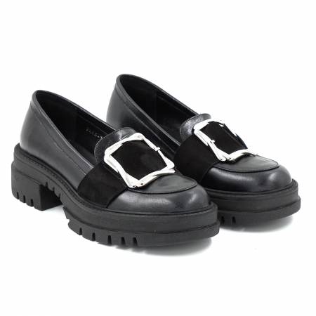 Pantofi dama - Pantofi dama casual loafers din piele naturala neagra cu varf rotund si talpa 4 cm 51925-25