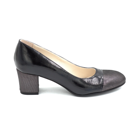 Lichidare stocuri - Pantofi dama din piele naturala lacuita neagra cu varf semirotund si toc mic gros imbracat de 6 cm 56318-25