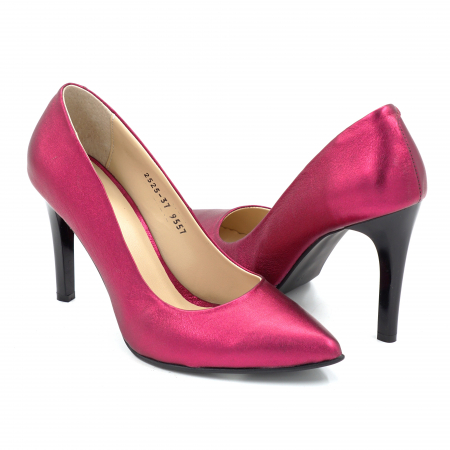 Pantofi dama din piele naturala fucsia sidefata cu varf ascutit stiletto si toc inalt subtire 9 cm 9557-7-25 [3]
