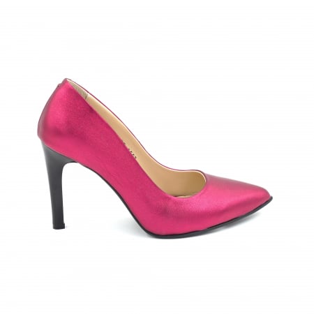 Dama - Pantofi dama din piele naturala fucsia sidefata cu varf ascutit stiletto si toc inalt subtire 9 cm 9557-7-25