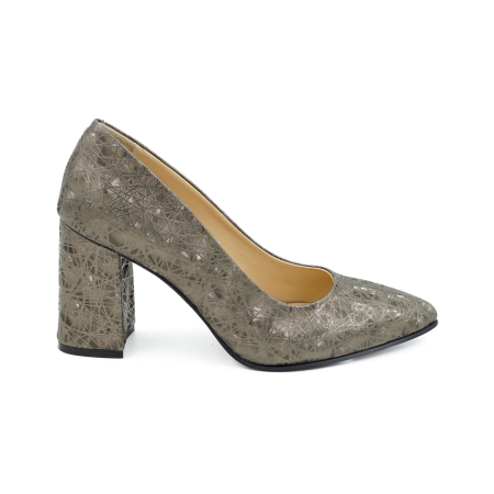 Lichidare stocuri - Pantofi dama din piele naturala cu imprimeu 3D olive, cu varf ascutit stiletto si toc mediu gros imbracat de 8 cm 8057-6-26