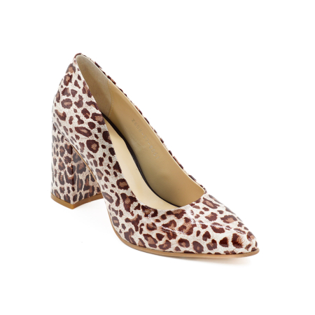 Pantofi dama din piele naturala lacuita cu imprimeu leopard, cu varf ascutit stiletto si toc mediu gros imbracat de 8 cm 8057-4-26 [1]