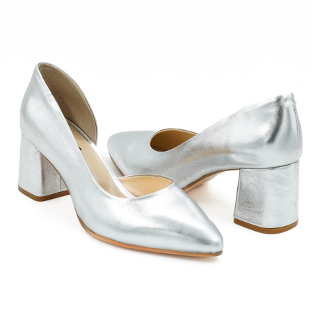 Pantofi dama din piele naturala argintie, cu varf ascutit stiletto si toc mic gros imbracat 6 cm 53024-26 [3]