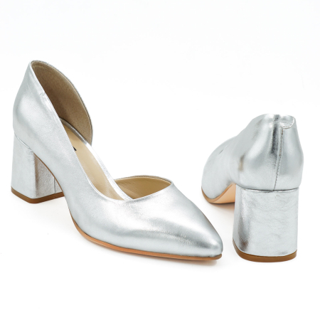 Pantofi dama din piele naturala argintie, cu varf ascutit stiletto si toc mic gros imbracat 6 cm 53024-26 [4]