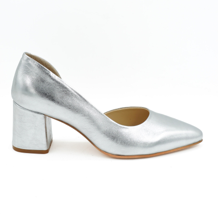 Pantofi dama din piele naturala argintie, cu varf ascutit stiletto si toc mic gros imbracat 6 cm 53024-26 [3]