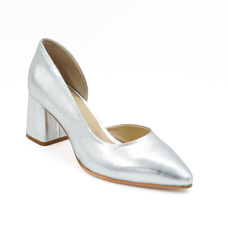 Pantofi dama din piele naturala argintie, cu varf ascutit stiletto si toc mic gros imbracat 6 cm 53024-26 [4]