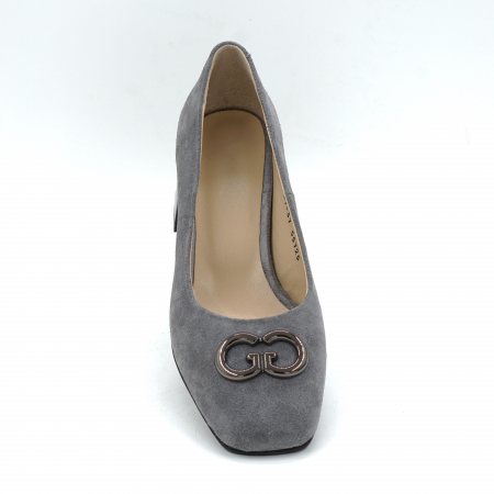 Pantofi dama din piele naturala intoarsa gri cu varf patrat si toc mic gros de 4 cm 55725-25 [5]