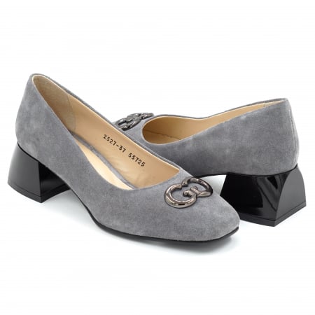 Pantofi dama - Pantofi dama din piele naturala intoarsa gri cu varf patrat si toc mic gros de 4 cm 55725-25