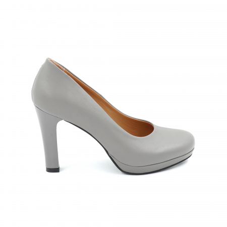 Pantofi dama - Pantofi dama din piele naturala gri cu varf rotund, platforma de 1 cm si  toc inalt gros 10 cm  0612-25