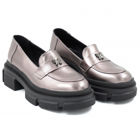 Pantofi dama casual loafers din piele naturala gri metalizat cu varf rotund si talpa de 4 cm 50925-25 [2]