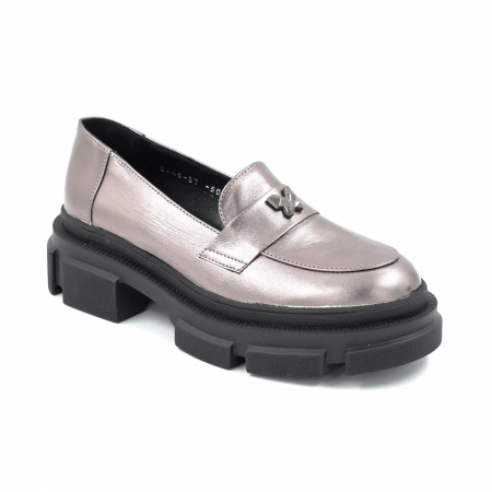 Pantofi dama casual loafers din piele naturala gri metalizat cu varf rotund si talpa de 4 cm 50925-25 [1]