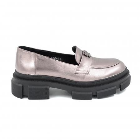 Pantofi casual & sport dama - Pantofi dama casual loafers din piele naturala gri metalizat cu varf rotund si talpa de 4 cm 50925-25