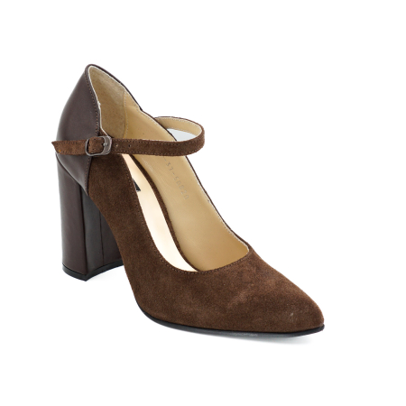 Pantofi dama din piele naturala  maro ciocolata cu varf ascutit stiletto si toc inalt gros imbracat 9 cm 50820-26 [1]