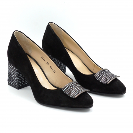 Pantofi dama din piele naturala intoarsa neagra si cu imprimeu dungi albe cu varf ascutit stiletto si toc mic gros imbracat de 6 cm 51424-2-25 [3]