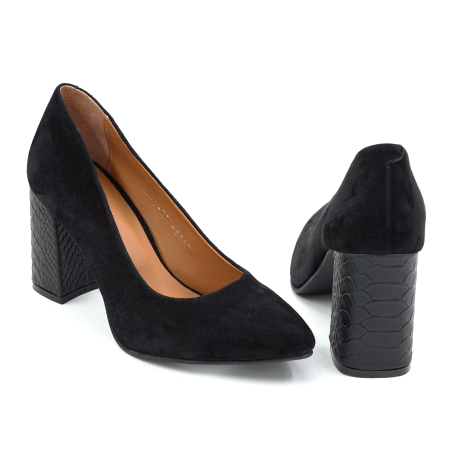 Pantofi dama din piele naturala intoarsa neagra cu varf ascutit stiletto si toc mediu gros imbracat de 8 cm 8057-7-26 [4]
